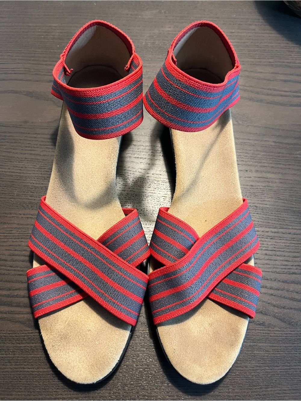 Charleston Shoe Co Red Navy Stripe Wedge Sandals Approx 10